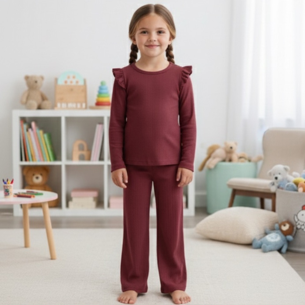 Amazon Essentials Girls' Wide-Rib Outfit Set, Pack of 2, Dark Red, Medium